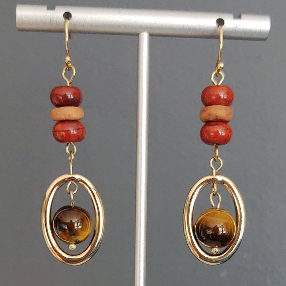 Gold, tiger's eye, wood & ceramic dangle earrings